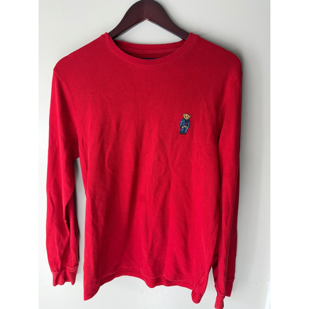 Polo Ralph Lauren Mens Red Waffle Knit Thermal Polo Bear Sleepwear Shirt Medium